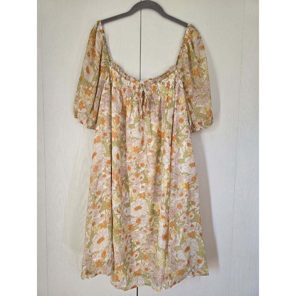 NWT Mittoshop Floral Smocked Square Neck Puff Sleece Dress XL Cream